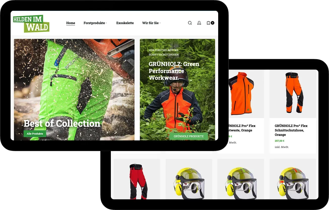 Zwei Ansichten eines ipads mit Darstellungen des Shops www.helden-wald.de